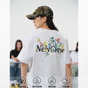 NELY小尼力美式 t恤男女夏宽松潮牌bf凉感上衣 刺绣花卉短袖