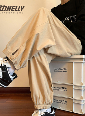 日系复古杏色工装裤男夏季薄款宽松卡其色裤子潮牌ins高街九分裤