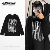 涂鸦手绘字母印花长袖 男美式 复古水洗t恤oversize宽松街头上衣tee