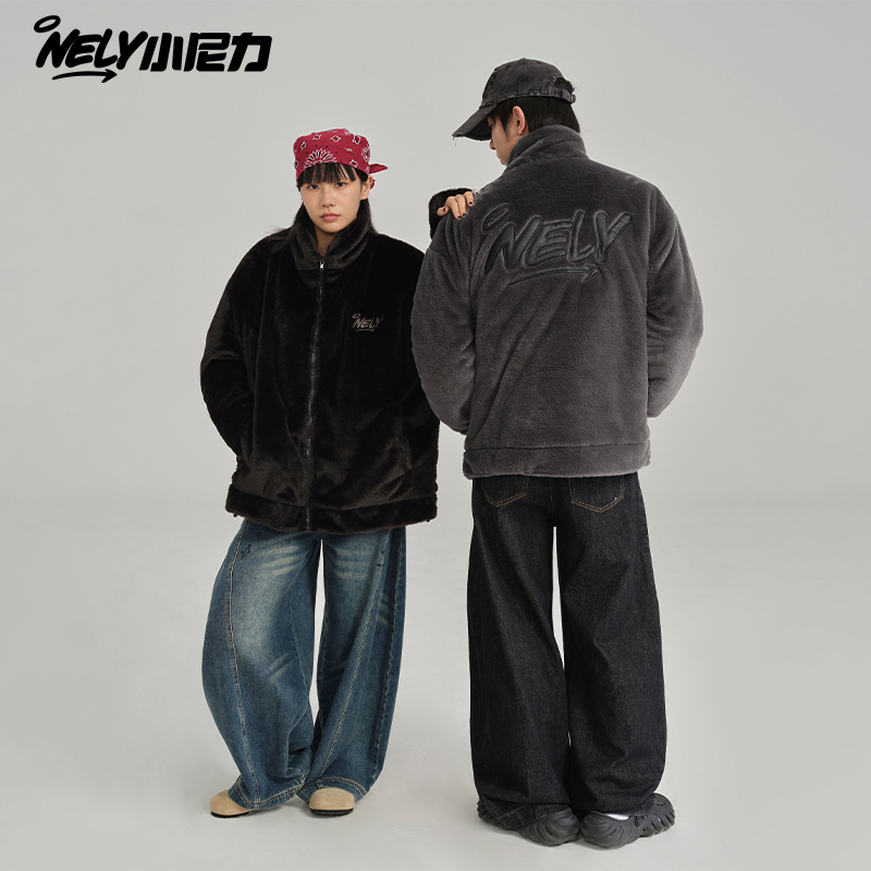 NELY小尼力毛茸茸高级感美式外套男女痞帅春秋新款夹克情侣潮牌bf