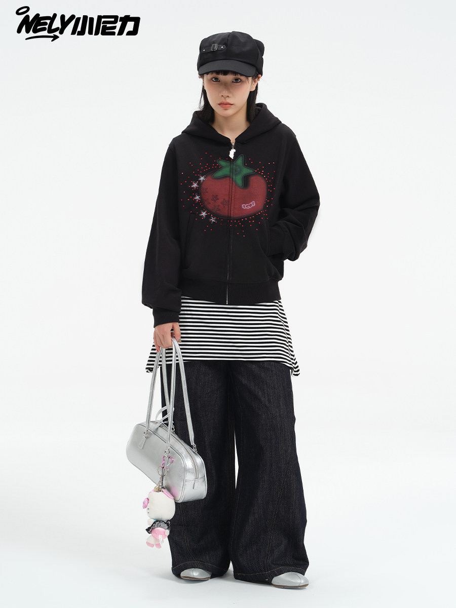 Spring New Creative Tomato Print Hooded Sweatshirt for Women with Rhinestones, Korean Style Lazy Coat