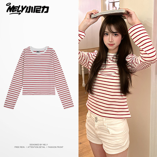 小尼力基础款经典多色条纹圆领纯棉基础款打底内搭合身九分袖T恤