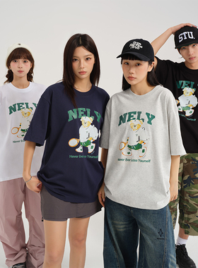 ins小熊oversize短袖t恤男士夏季潮牌宽松大码男装设计感小众衣服