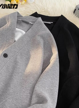 NELY小尼力针织外套男女秋冬宽松V领加绒开衫潮学生情侣休闲夹克