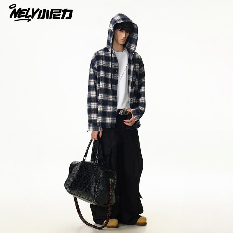 复古连帽潮牌格子衬衫