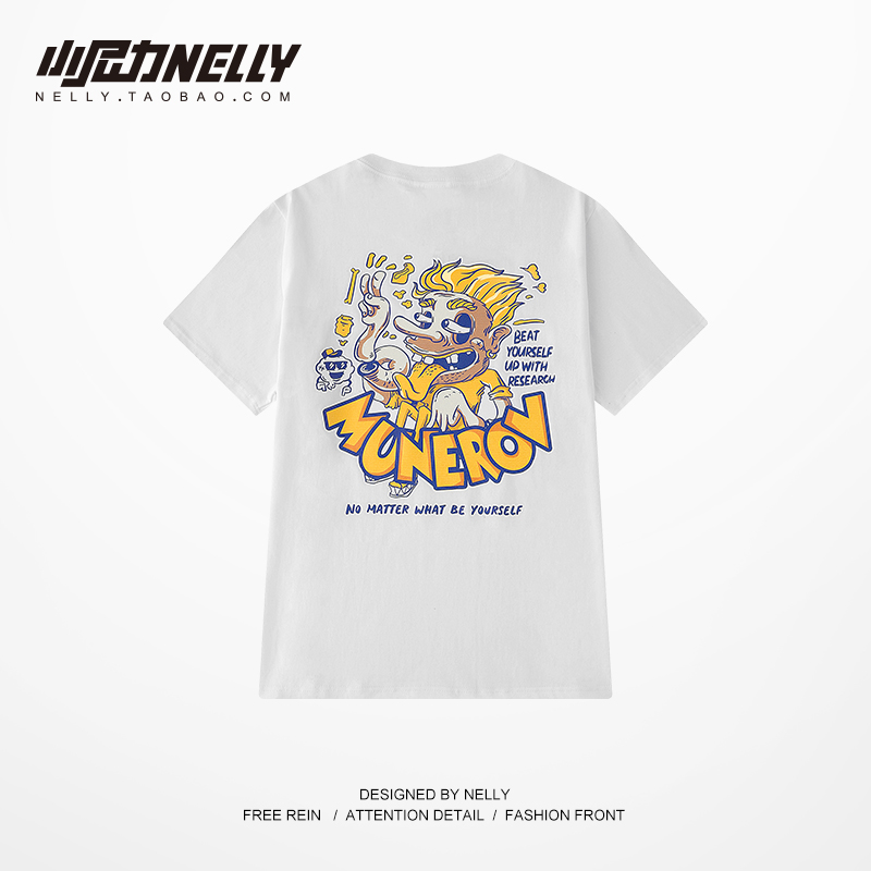 日系复古原宿卡通字母印花男士休闲短袖t恤圆领宽松潮牌学生体恤T