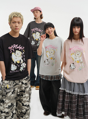 猫咪蝴蝶结印花短袖T恤男女2026夏季新款宽松可爱圆领半袖上衣服