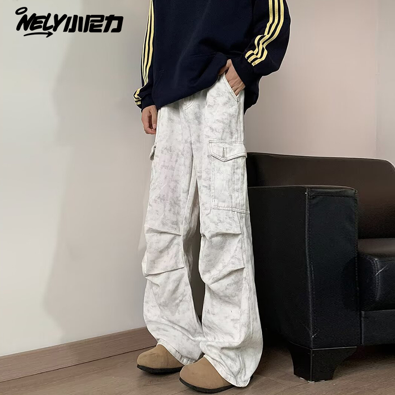 小尼力美式复古扎染工装裤子男