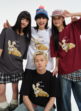 hiphop街头慵懒风可爱兔兔国潮短袖t恤上衣男女美式复古纯棉T恤衫