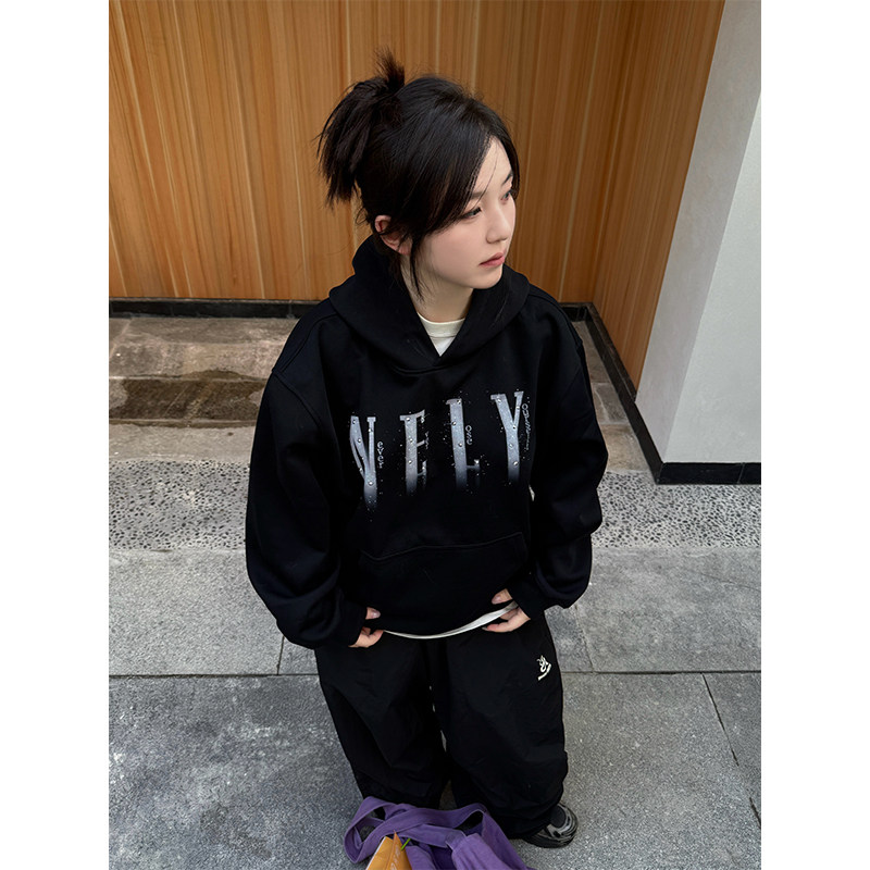 小尼力美式复古印花幻影烫钻连帽卫衣外套男女秋季新款宽松上衣bf