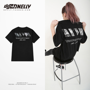 男 上衣男原宿风oversize国潮T恤嘻哈短袖 日系复古街头情侣装 半袖