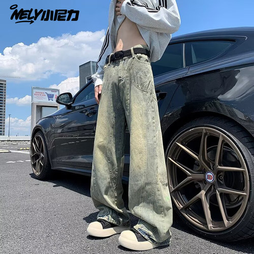 小尼力美式复古做旧微喇牛仔裤男