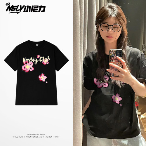 潮牌花朵字母印花短袖T恤