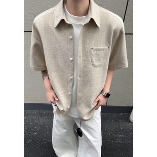夏季薄款冰丝休闲短袖衬衫男士港风日系大码半袖衬衣外套潮牌男生