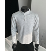 美式 宽松重磅华夫格套头上衣tee潮 新款 纯色亨利领长袖 T恤男秋冬季