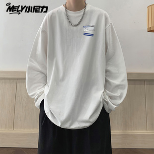 秋季潮牌个性字母印花纯棉长袖t恤男美式设计感宽松街头打底上衣