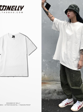 原宿宽松T恤男女bf百搭简约圆领短袖春夏纯色中长款基础打底衫