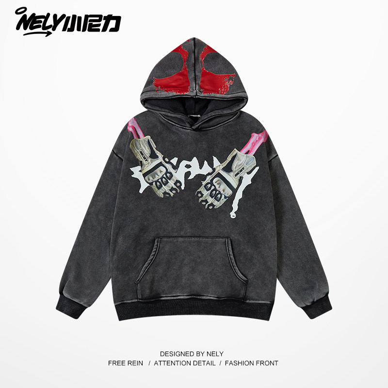 小尼力潮牌做旧连帽卫衣