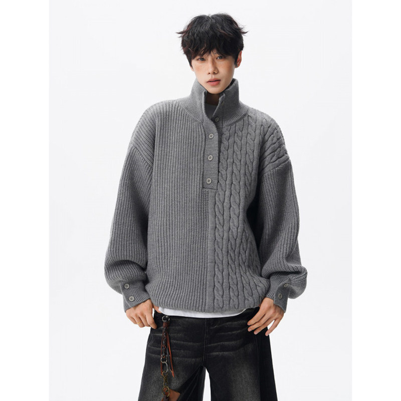 秋季麻花翻领套头毛衣男士潮牌复古高级感老钱风针织Polo衫上衣服