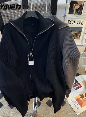 美式复古潮牌高领拉链针织衫外套男秋季街头痞帅宽松休闲开衫毛衣