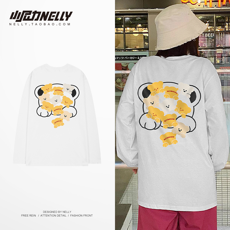 小尼力长袖t恤男纯棉春秋新款潮ins小熊圆领上衣宽松大码打底衫bf