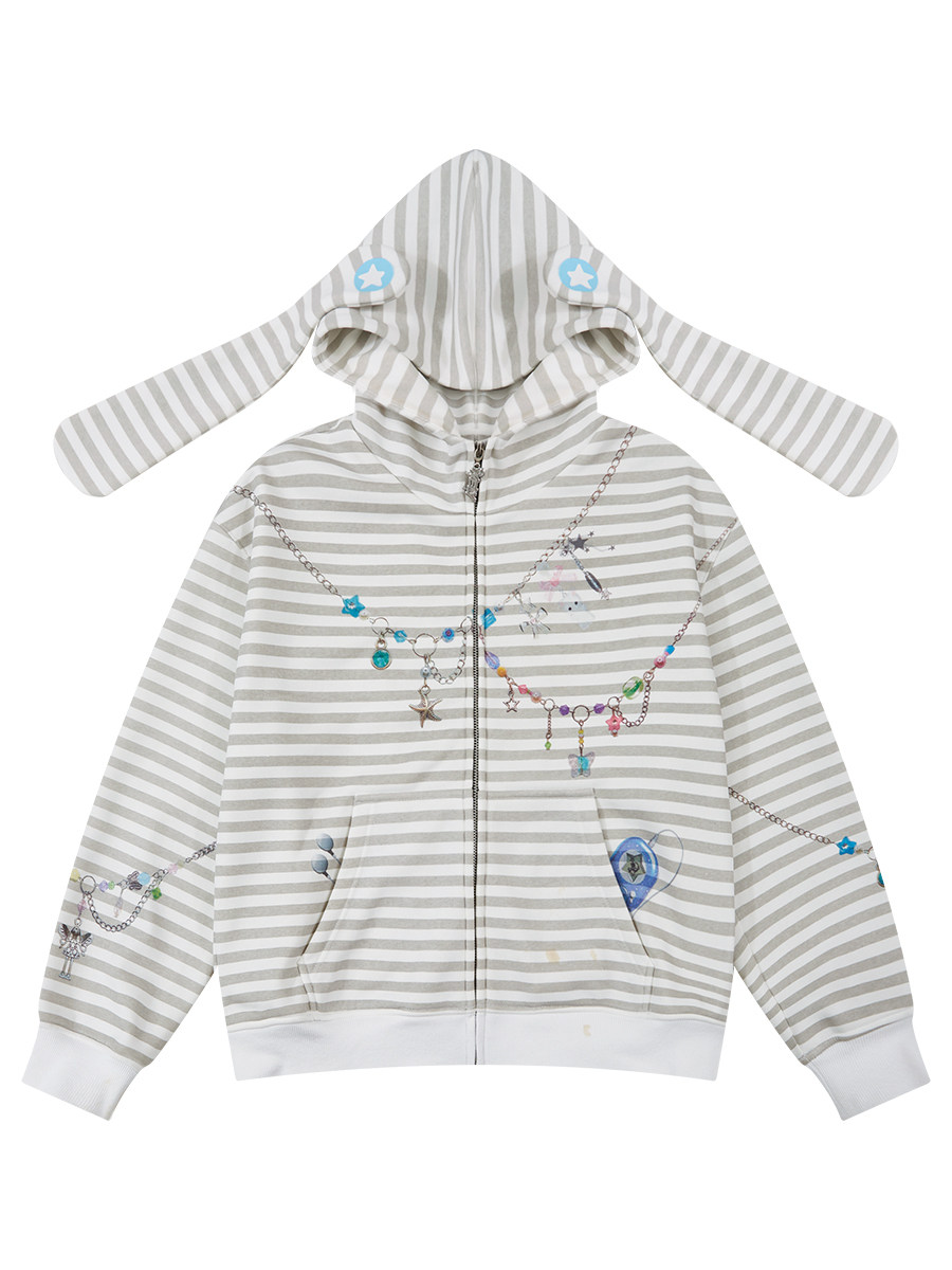 Y2K Rabbit Ear Cute Striped Hooded Sweatshirt for Women, Spring and Autumn Casual Cardigan Jacket
