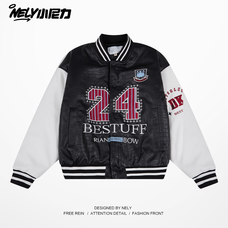 PU复古棒球衣夹克外套