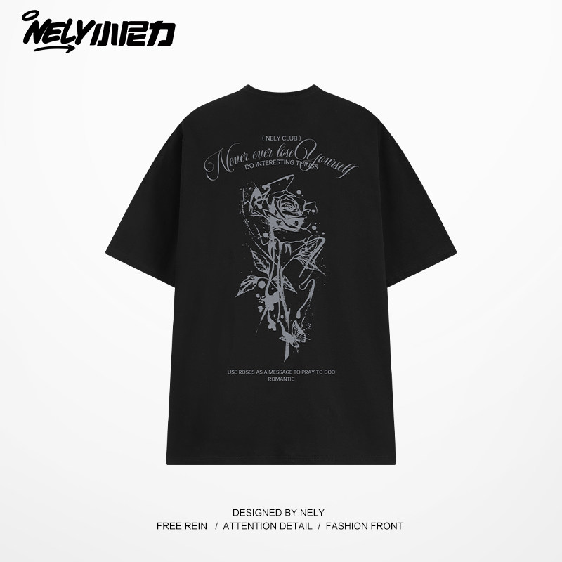 100%纯棉美式复古玫瑰花短袖t恤男女国潮oversize高街宽松上衣夏