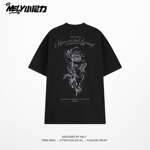 100%纯棉美式复古玫瑰花短袖t恤男女国潮oversize高街宽松上衣夏