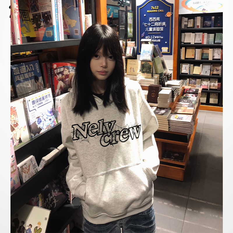 nely小尼力复古蜘蛛蛛网logo连帽卫衣男女情侣宽松休闲百搭美式潮