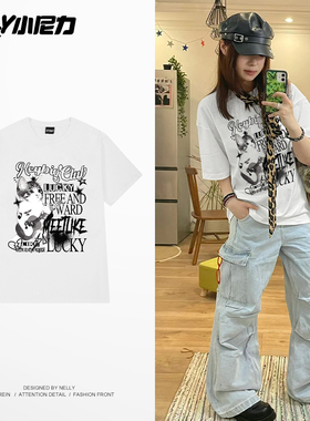 NELY小尼力2026美式复古猫咪手握吉他印花短袖T恤男女宽松上衣潮