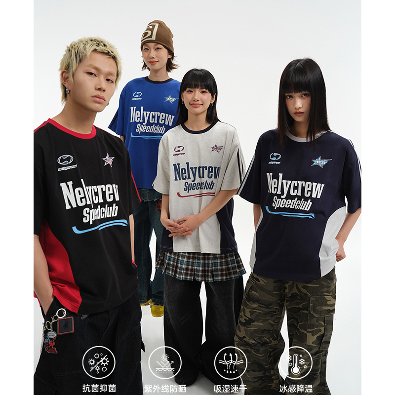 小尼力美式运动拼接撞色短袖t恤