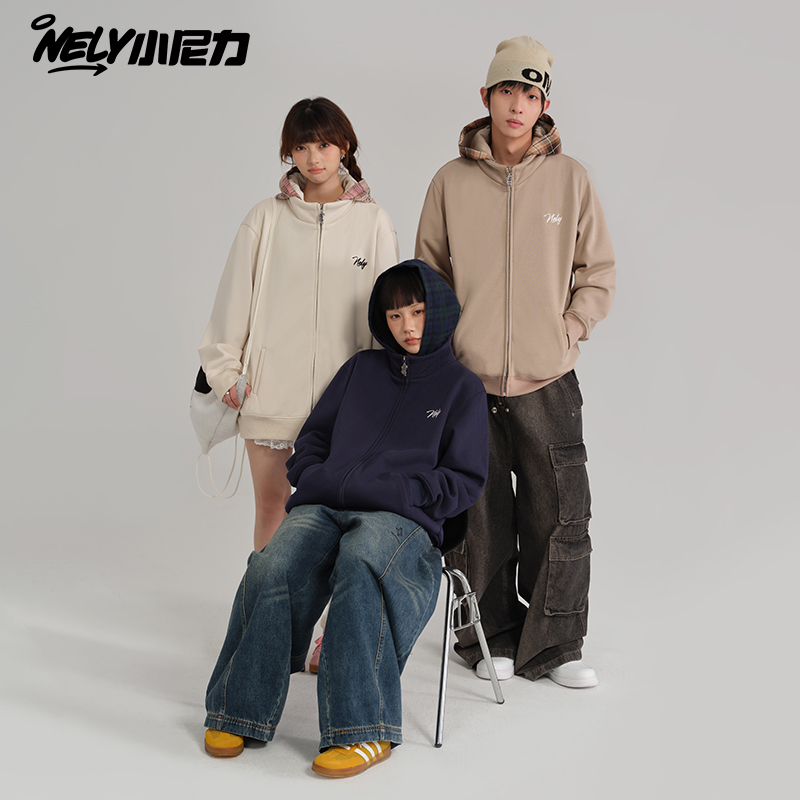 NELY小尼力格纹拉链开衫连帽卫衣复古加绒情侣款外套2025秋冬男女