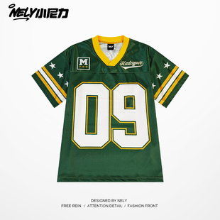 网眼透气V领短袖t恤男女款夏季美式复古冰丝球衣潮牌街头运动体恤