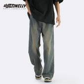 男女宽松直筒设计感hiphop长裤 潮流高街美式 复古水洗做旧牛仔裤 子