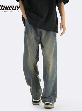 潮流高街美式复古水洗做旧牛仔裤男女宽松直筒设计感hiphop长裤子