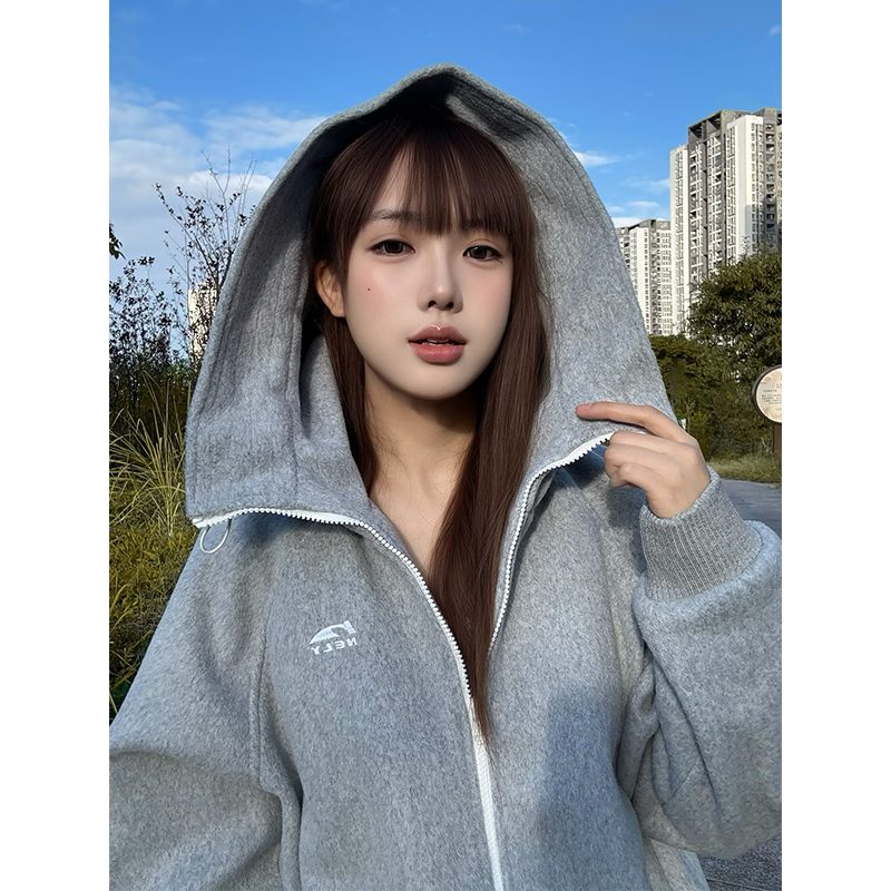 ins羊毛连帽毛呢卫衣 国潮牌秋季美式复古宽松情侣拉链帽衫外套