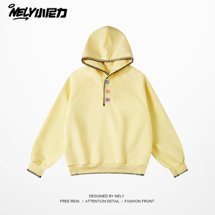 宽松休闲情侣帽衫 撞色短款 外套 重磅纽扣连帽卫衣男女潮牌新款 美式