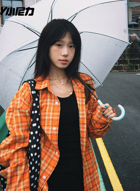 NELY小尼力美式复古橙色格纹长袖衬衫宽松休闲情侣慵懒衬衣男女潮