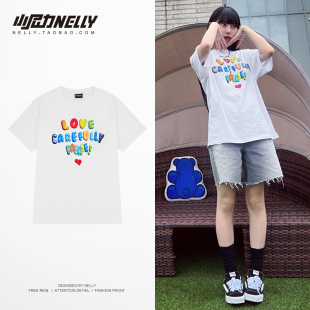 vintage美式 T恤男女2026春夏宽松上衣chic潮 嘻哈字母印花纯棉短袖