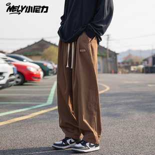 ins美式工装裤男直筒宽松休闲裤纯色抽绳直通男裤秋冬款加厚裤子