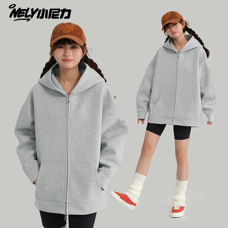 NELY小尼力空气层470G宽松廓形灰色拉链开衫连帽卫衣男女帽衫潮