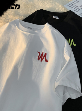 NELY小尼力美式重磅纯棉白色短袖t恤男女夏季潮牌bf宽松大码上衣