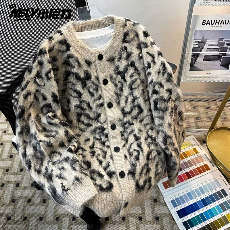 潮牌豹纹开衫毛衣针织衫