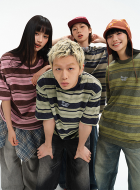 NELY小尼力阿美咔叽重磅240g双纱条纹短袖T恤男女夏撞色拼接半袖