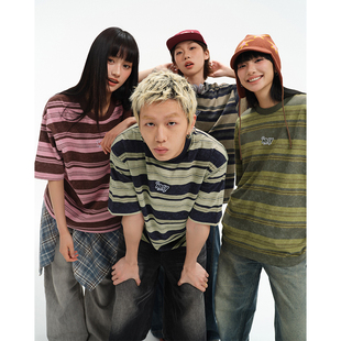 NELY小尼力阿美咔叽重磅240g双纱条纹短袖 T恤男女夏撞色拼接半袖