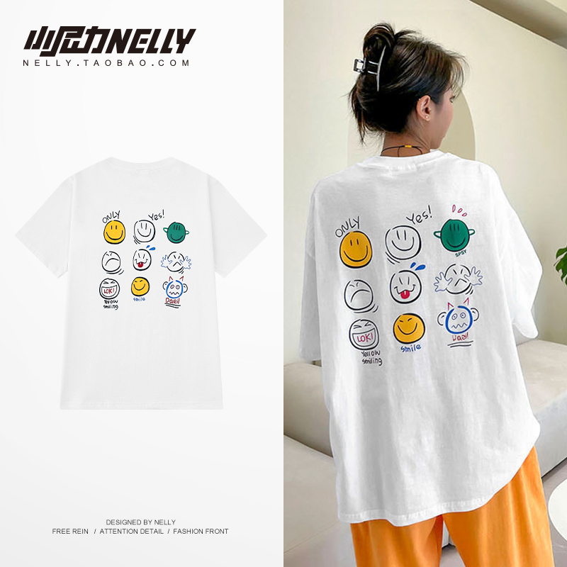 笑脸短袖男女2025新款美式潮牌小熊笑脸宽松情侣白色纯棉t恤上衣