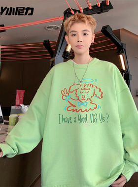 美式重磅卡通印花毛衣男冬季高街休闲圆领针织衫宽松百搭情侣上衣