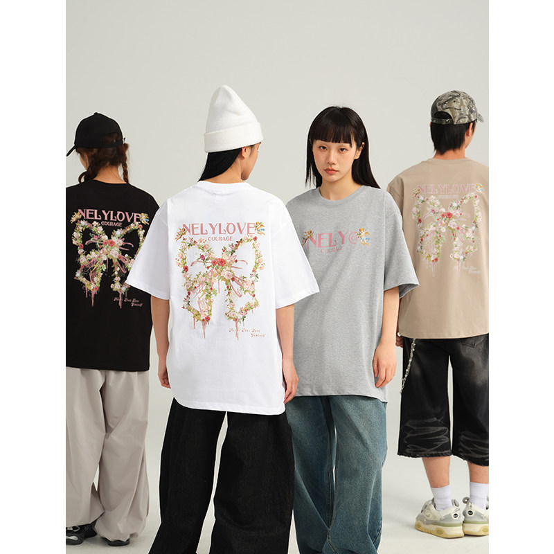 小尼力ins夏季潮牌美式蝴蝶花卉短袖T恤男女复古情侣宽松半袖体恤