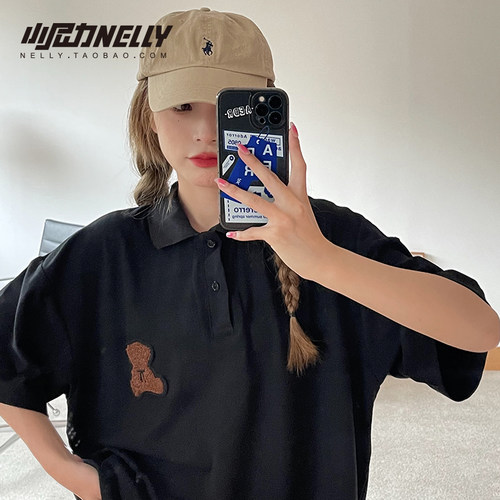 潮牌夏季街头小熊印花翻领t恤